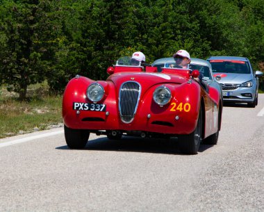 URBINO, İtalya - 16 Haziran 2022: JAGUAR XK120 OTS YOADSTER 1952 Mille Miglia 2022 rallisinde eski bir yarış arabası üzerinde ünlü İtalyan tarihi yarışı