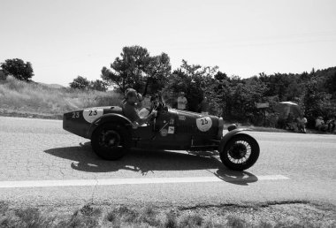 URBINO - ITALY - JUN 16 - 2022 : BUGATTI T37 1927 on an old racing car in rally Mille Miglia 2022 the famous italian historical race