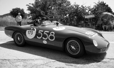 URBINO - ITALY - JUN 16 - 2022 : O.S.C.A. MT 4 - TN 1500 1955 on an old racing car in rally Mille Miglia 2022 the famous italian historical race