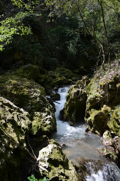 stock image waterfall of Pioraco, Italy, landscape waterfall in the forest appennini montain