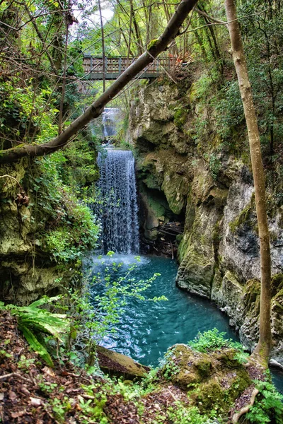 waterfall of Pioraco, Italy, landscape waterfall in the forest appennini montain