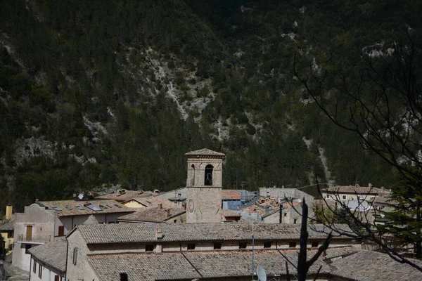 Vue Sur Village Médiéval Pioraco Dans Région Marche Italie Appennini — Photo