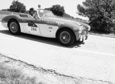 URBINO, İtalya - 16 Haziran 2022: AUSTIN HEALEY 100 6 1957 Mille Miglia 2022 rallisindeki eski bir yarış arabasında ünlü İtalyan tarihi yarışı