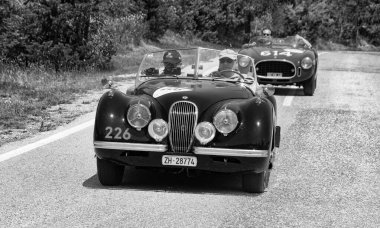 URBINO, İtalya - 16 Haziran 2022: JAGUAR XK120 OTS YOADSTER 1952 Mille Miglia 2022 rallisinde eski bir yarış arabası üzerinde ünlü İtalyan tarihi yarışı