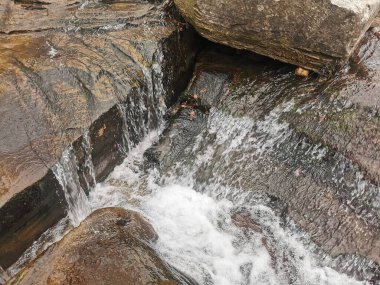 Görüntü, etrafındaki kayaları kaplayan ince bir örtüyle akan suyun dinamizmini yakalar. Şimdi yapraklarının çoğunu koparmış olan ağaçlar doğal olarak manzarayı çerçevelediler ve karmaşık dallardan mavi gökyüzünü ortaya çıkardılar.