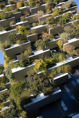 Milano, ITALIA - 02 Kasım - 2024: Milano 'daki Bosco Verticale, ağaçlar ve bitkilerle kaplı iki kule, kentin merkezindeki yeşil mimariyi sembolize ediyor