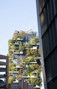Milano, ITALIA - 02 Kasım - 2024: Milano 'daki Bosco Verticale, ağaçlar ve bitkilerle kaplı iki kule, kentin merkezindeki yeşil mimariyi sembolize ediyor