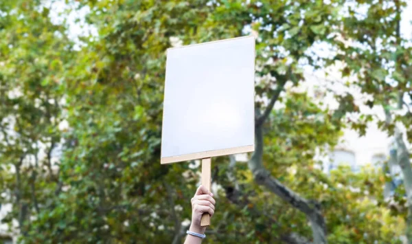 Blank banner to write the message you want. Holding blank cardboard placard celebrating victory during a protest. Poster of a demonstration. Space for text. Copy space.