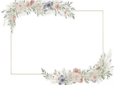 El boyası suluboya çiçekli çerçeve ve kenar. Beyaz arka planda izole edilmiş suluboya çiçek afişi. Tebrik kartları, düğün davetiyeleri, sabit ve diğer şeyler için kullanılabilir..