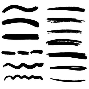 El çizimi karalama kalem fırçaları altçizgiler ve vuruşlar. El çizilmiş grunge vuruşları kümesi.