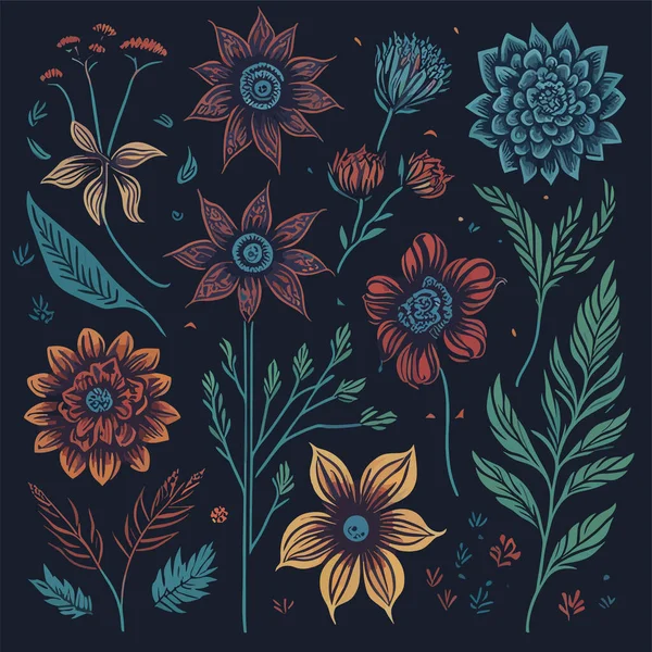 Illustration Fleurs Fleurs Vectorielles Tirage Art Floral Avec Éléments Botaniques — Image vectorielle