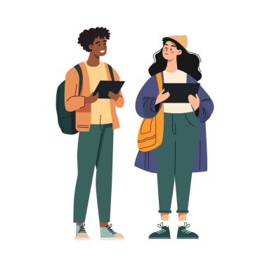 Vektör illüstrasyonunda çok kültürlü öğrencilerden oluşan bir grup. Kitapları tutan ve sohbet eden gençler. Öğrenci vektör illüstrasyonu beyaz arkaplanda izole edildi.