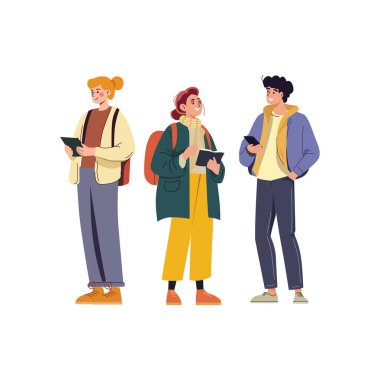 Vektör illüstrasyonunda çok kültürlü öğrencilerden oluşan bir grup. Kitapları tutan ve sohbet eden gençler. Öğrenci vektör illüstrasyonu beyaz arkaplanda izole edildi.