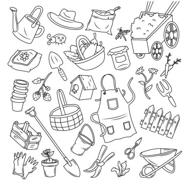 Bahçe karalamaları. Bahçe işleri sayfaları için basit karalamalar çiziyor. Bahçe aletleri.