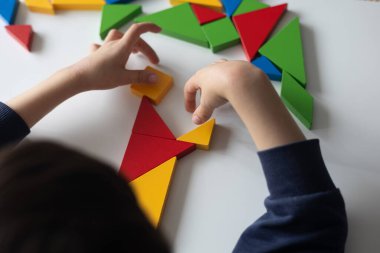 Çocuk ahşap geometrik bulmacaları birleştiriyor, uzamsal muhakemeyi ve yaratıcı düşünmeyi eğlenceli öğrenme yoluyla geliştiriyor