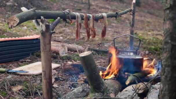 Ein Prepper Kocht Essen Auf Offenem Feuer Die Handlung Spielt — Stockvideo