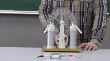 Bir dielektrik silindirde yüklü metalik küreler, yüklerine dayalı olarak elektrostatik prensipleri çizer ya da iter..