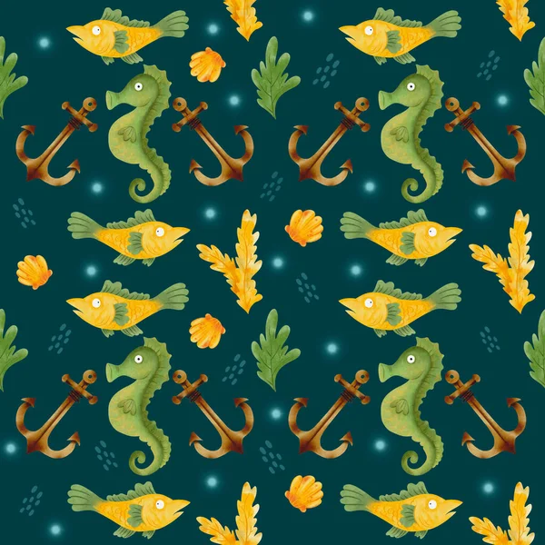 Seamless Sea Theme Pattern Seahorse Anchor Fish — Stock Photo, Image