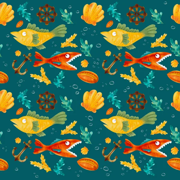 Padrão Tema Mar Sem Costura Com Peixes Desenhos Animados Conchas — Fotografia de Stock