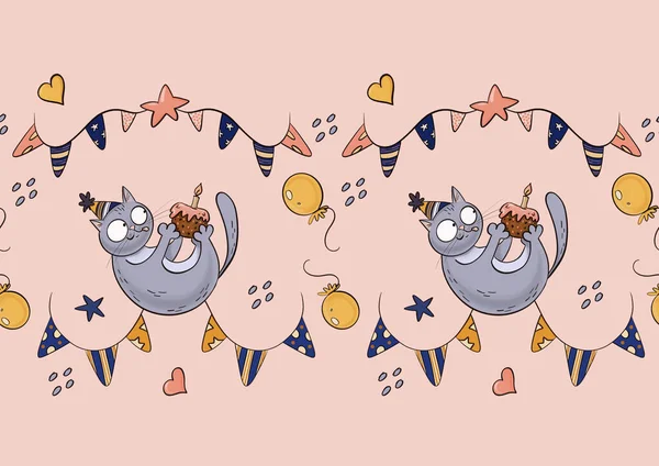 Płynny Wzór Kotów Imprezowych Kapeluszach Urodzinowych Torcie Balonach Girlandach — Zdjęcie stockowe