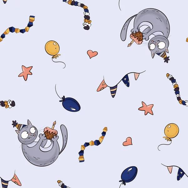 Nahtloses Muster Von Partykatzen Geburtstagsmützen Kuchen Luftballons Und Girlanden — Stockfoto