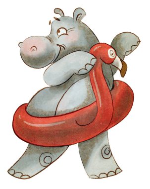 Kırmızı flamingo şişirilebilir bir ringde duran sevimli, güler yüzlü bir hipopotam.