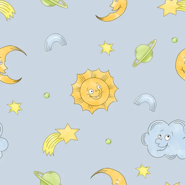 Seamless pattern of funny cartoon planets: the sun, the moon, Saturn, stars and rainbow in muted colours