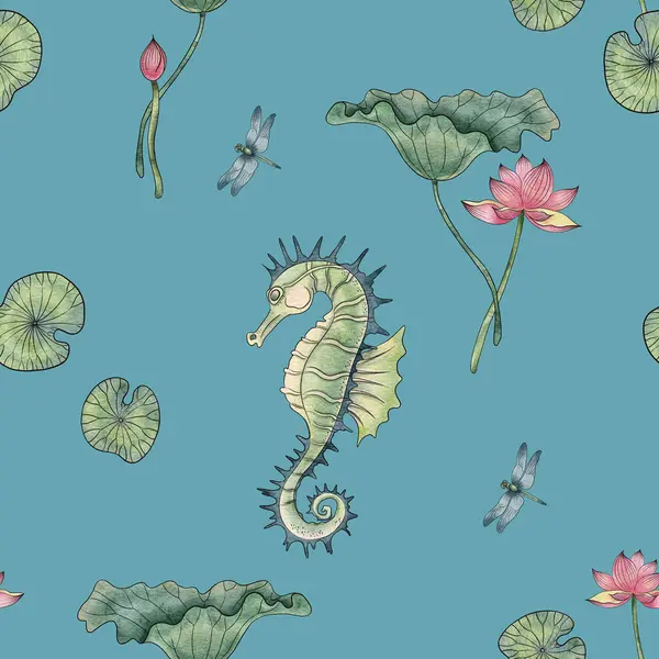 Seamless pattern of a seahorse lotus, lotus leaves and a dragonfly