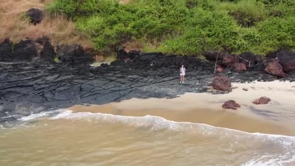 Uma Menina Está Rochas Negras Junto Mar Uma Praia Selvagem — Vídeo de Stock
