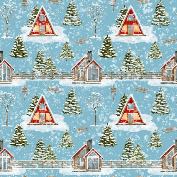 Watercolor Winter Countryside Seamless Pattern Hand Drawn Wood Houses Falling — Stock Photo, Image