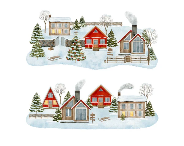 Scène Campagne Hivernale Illustrée Maisons Noël Dessinées Main Avec Des — Photo