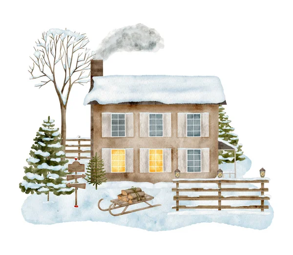 Watercolor winter house illustration. Hand drawn 2 floor cottage with chimney smoke, snowdrift, wood fence, snowy fir trees isolated on white background. Christmas countryside chalet scene