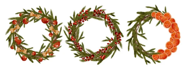 Watercolor Christmas Wreaths Set Winter Frames Spruce Branches Red Berries — Stock Photo, Image
