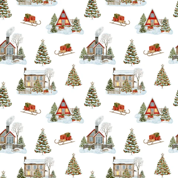Watercolor Christmas Seamless Pattern Winter Houses Hand Painted Wood Cabins — Stock Photo, Image