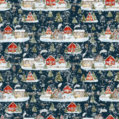 Kışlık evlerle suluboya Noel gecesi kusursuz desen. Elle boyanmış ahşap kulübeler, düşen kar, çitler ve koyu mavi üzerine köknar ağaçları olan karlı bir köy. Konforlu köy arka plan tasarımı