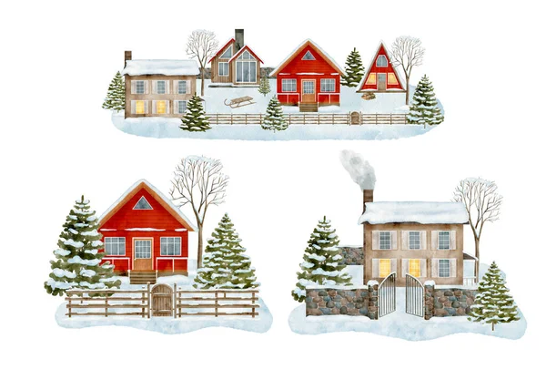 Vinterlandskapsscenenes Akvarellbilde Satt Håndtegnede Julehus Med Snødekte Skoglandskap Isolert Hvit – stockfoto