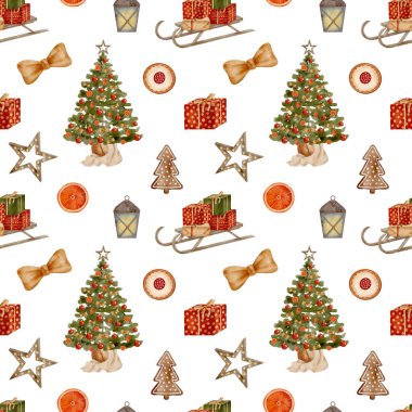 Suluboya Noel kusursuz desen. El yapımı Noel ağacı, hediye kutularıyla ahşap kızak, fener, beyaz arka planda izole edilmiş kurabiyeler. Şenlikli Yeni Yıl dekorasyon tasarımı