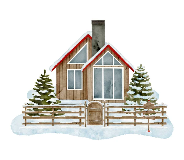 ウォーターカラーの冬の家の風景 雪のドリフト 木製のフェンス 白い背景に隔離された雪のモミの木と手描きの木造キャビン クリスマスの田舎のシーン 森のシーンで居心地の良いコテージ — ストック写真