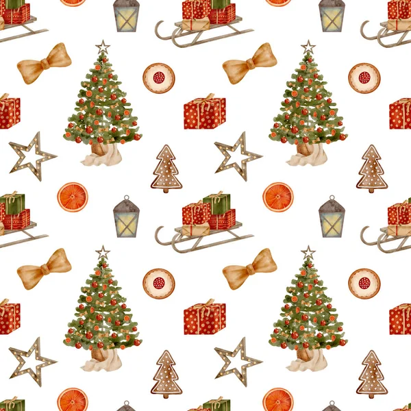 Acquerello Natale Modello Senza Cuciture Albero Natale Decorato Disegnato Mano — Foto Stock