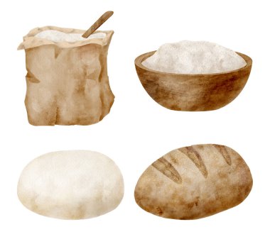 Watercolor baking set. Hand drawn flour sack and bowl, dough, baked bread isolated on white background. Cooking pastry ingredients. Kitchen clipart for bakery logo, blog, recipe book