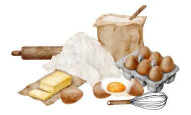 Suluboya fırın malzemeleri bileşimi. Beyaz arka planda el yapımı un, yumurta, tereyağı, merdane ve çırpma teli var. Pankart, kart, tarif kitabı, blog için hamur işi resimleme