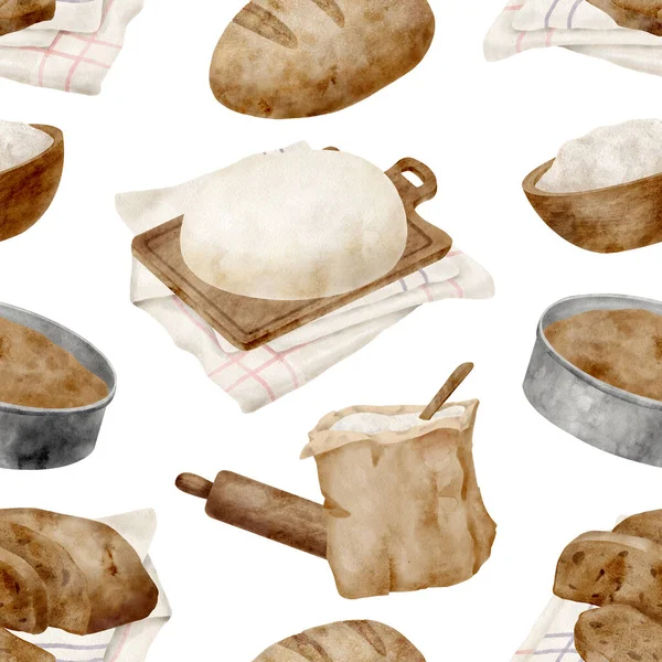 Watercolor bread seamless pattern. Hand drawn baking products background. Loaf of wheat bread, dough and pie pan isolated on white. Cooking design for cookbook, recipes, menu, blog, package