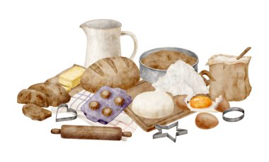 Suluboya kek kompozisyonu. El yapımı un torbası, yumurta, tereyağı, merdane ve beyaz arka planda izole edilmiş fırında ekmek. Pankart, kart, tarif kitabı, blog için hamur işi resimleme