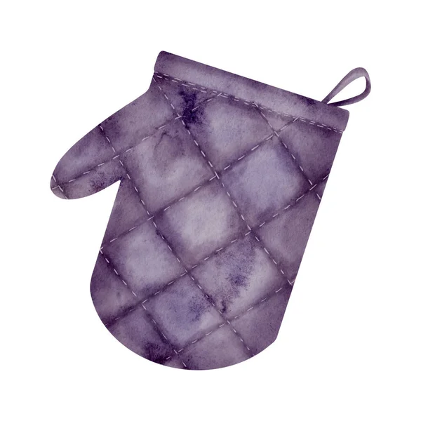 Watercolor oven mitt illustration. Hand drawn purple potholder isolated on white background. Kitchenware utensil for recipe book, menu design. Cooking equipment. Hot pan holder glove clipart