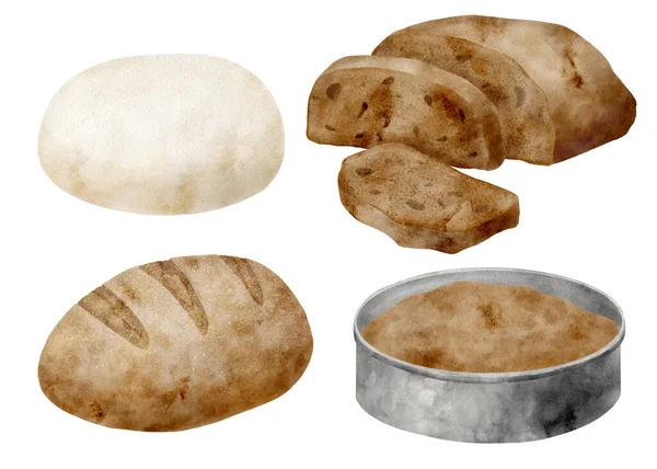 Σύνολο Εικονογράφησης Ψωμιού Ακουαρέλας Ρολό Από Ψωμί Σιταριού Ψωμί Σικάλεως — Φωτογραφία Αρχείου