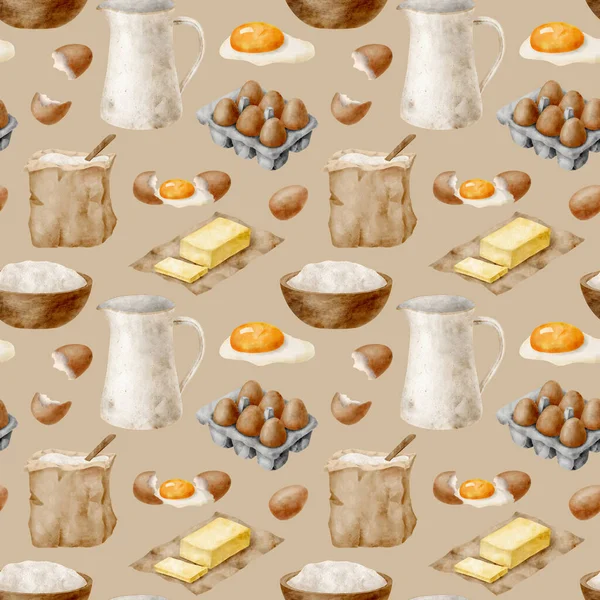 Watercolor Baking Ingredients Seamless Pattern Hand Drawn Flour Bag Eggs — Stock Photo, Image