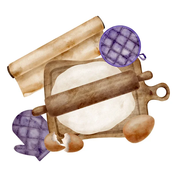 Skład Pieczenia Akwareli Ręcznie Rysowane Ciasto Desce Krojenia Drewna Wałek — Zdjęcie stockowe