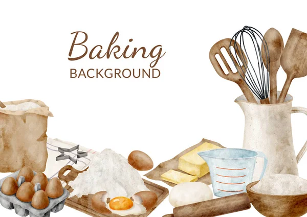 水彩ベーキング成分背景 ジャグ 小麦粉バッグ バター 白に隔離された調理器具でボーダーフレーム キッチンツールイラスト パン屋さん 料理本 ブログ — ストック写真