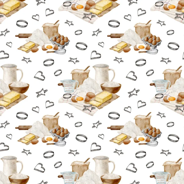 Watercolor baking ingredients seamless pattern. Hand drawn flour bag, eggs, milk, butter, cookie cutters isolated on white. Cooking products and tools background. Fresh food for bakery. Pastry design