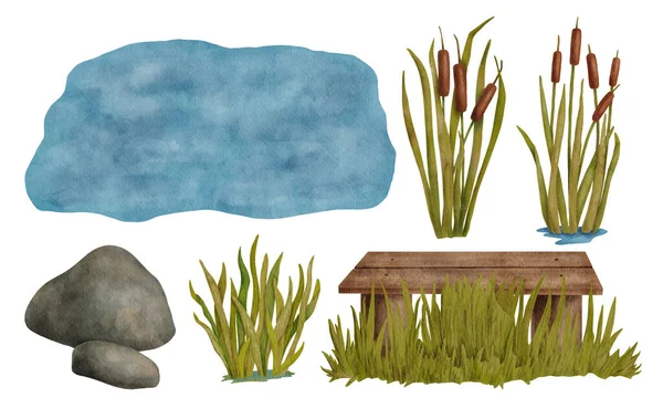 水彩画的夏季池塘风景画 手工绘制的木制长椅 芦苇植物和石头隔离在白色背景上 淡定的自然公园场景 露营部分 — 图库照片